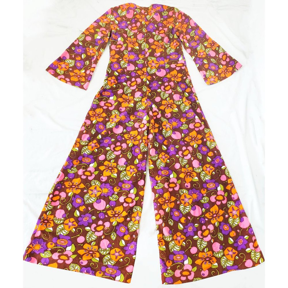 Vintage 60s 70s Womens Rare Psychedelic Floral Print Velour Jumpsuit Loungewear - Picture 2 of 13